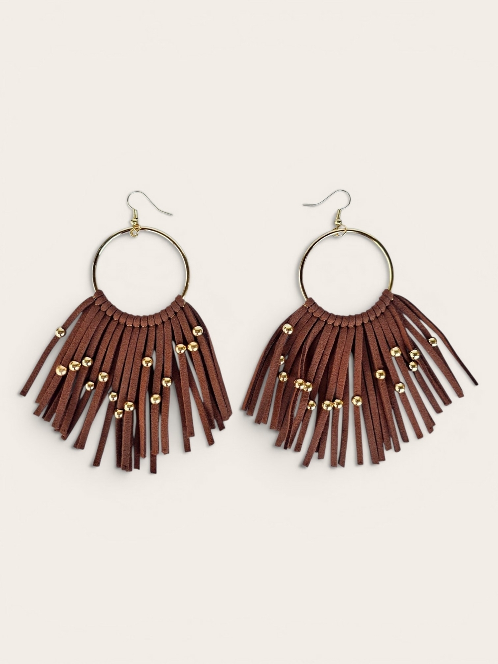Western Cowgirl Brown Suede Fringe Hoop Earrings Gold